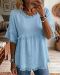 Solid Raw Hem Bell Sleeve Babydoll Blouses