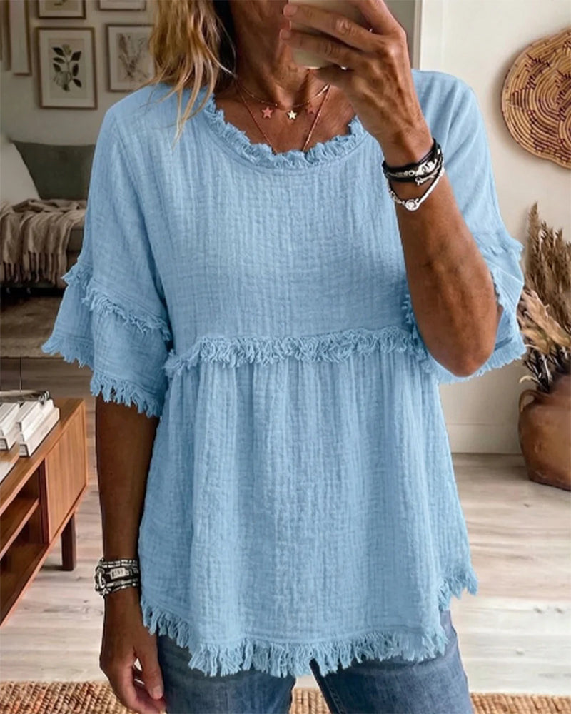 Solid Raw Hem Bell Sleeve Babydoll Blouses