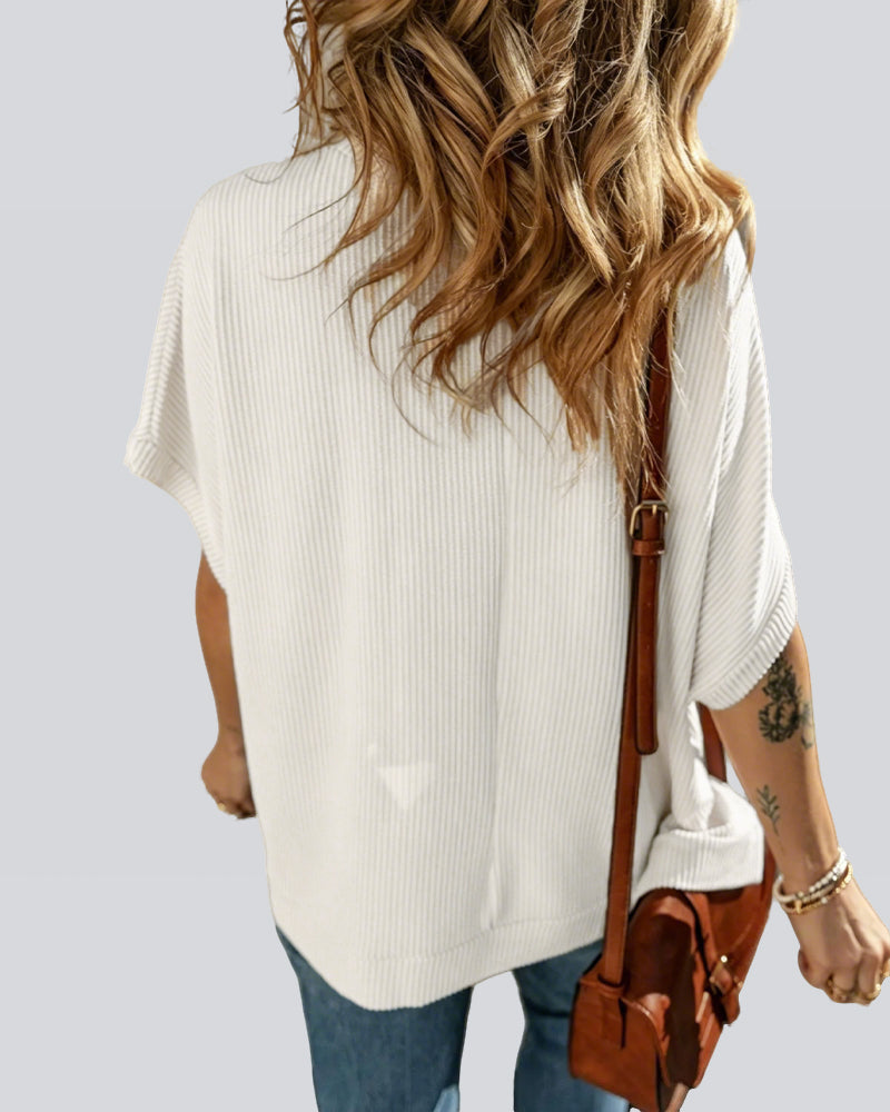 Ribbed Batwing Sleeve Loose T-Shirt