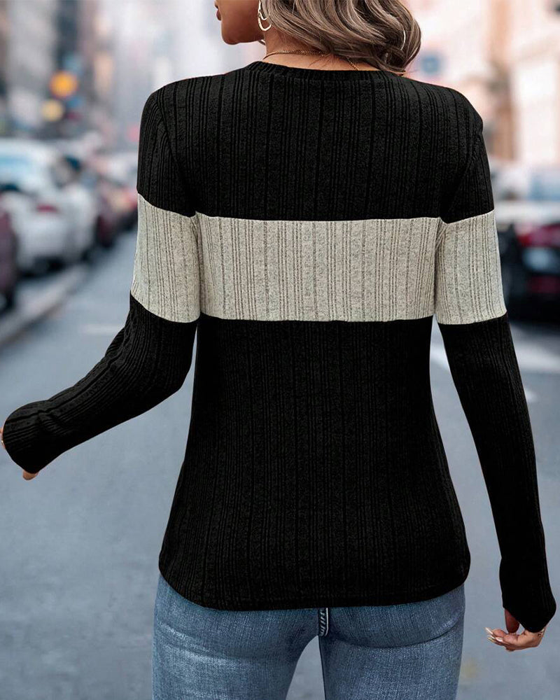 Casual color block printed round neck top