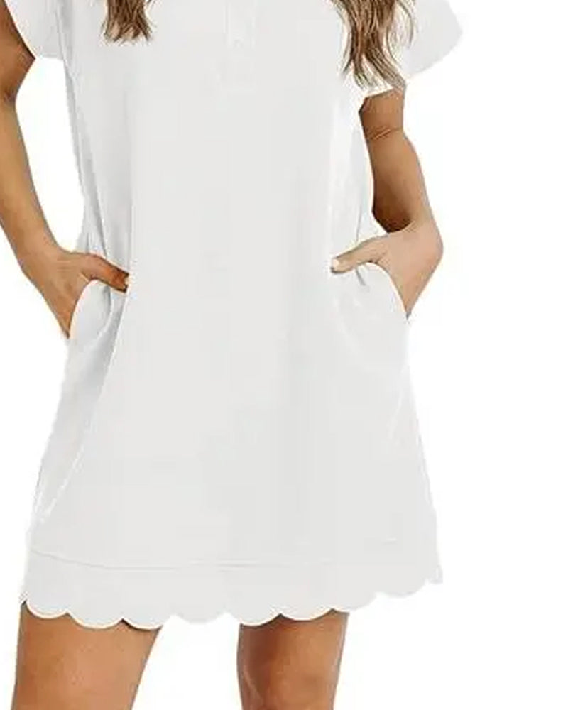 Polo Collar Button Half-Placket Scallop Edge Dress