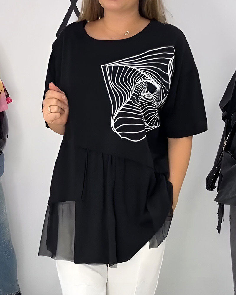 Geometric Print Mesh Splice T-Shirt