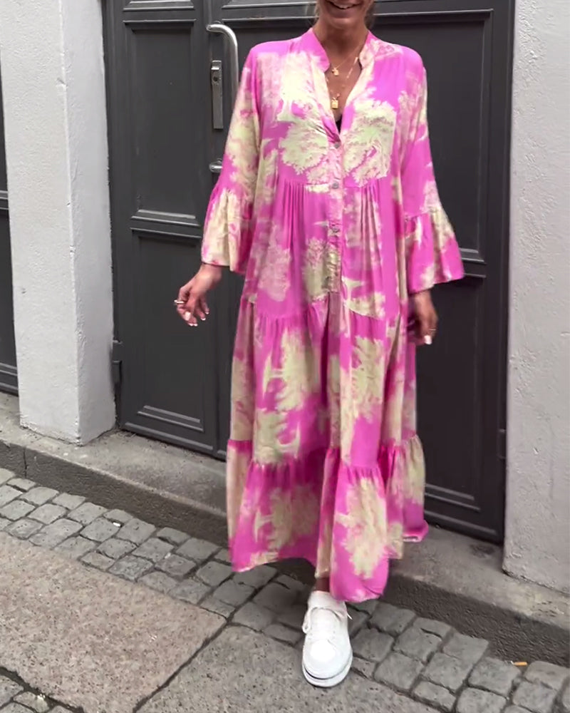 Loose printed V-neck bell sleeve patchwork dress