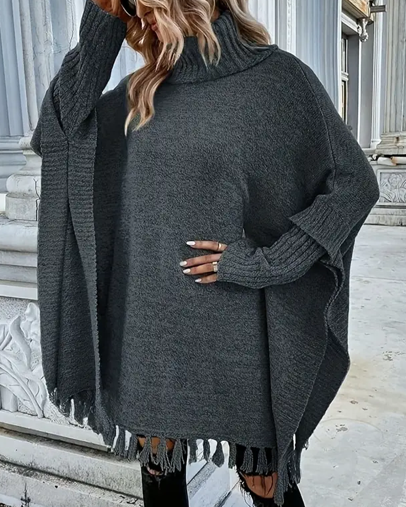 Turtleneck Batwing Sleeve Tassel Jumper
