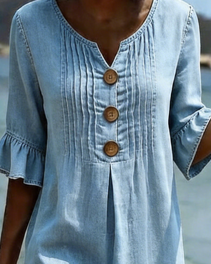 Ruffle Sleeve Denim V-Neck Dress