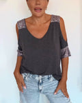 V-Neck Off-The-Shoulder Sequin Patch T-Shirt