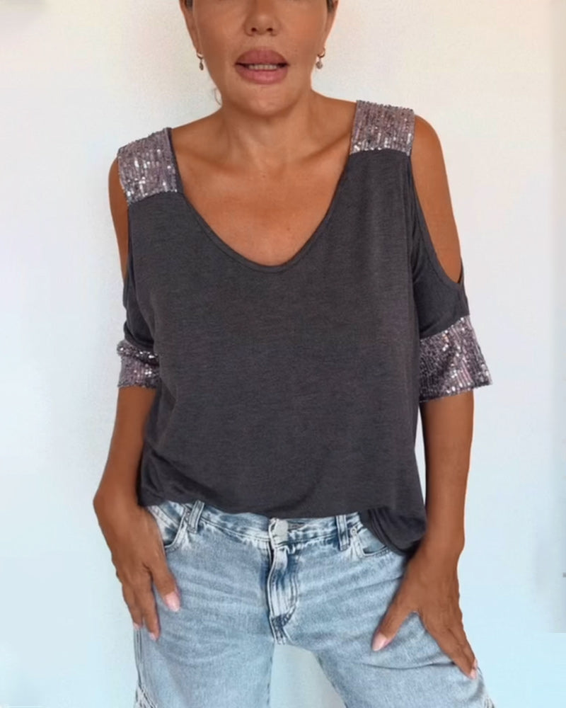 V-Neck Off-The-Shoulder Sequin Patch T-Shirt