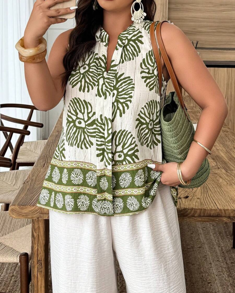 Plant Print Vest-Style Sleeveless Blouse