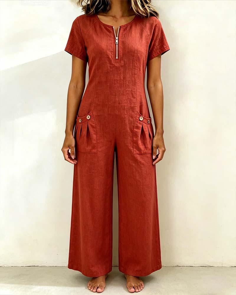 Half-Zip Short Sleeve Jumpsuit