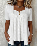 Faux Layered Square Neck Hollow Out Patchwork Blouse