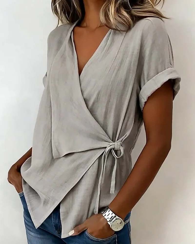 Casual Lace-Up Wrap V-Neck Blouse
