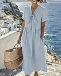 Striped Bow V-Neck Dress