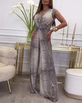 Deep V twist printed sleeveless jumpsuit
