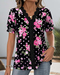 V-Neck Lace Lantern Sleeve Printed Blouse