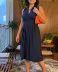 V-neck sleeveless waist-cinching dress
