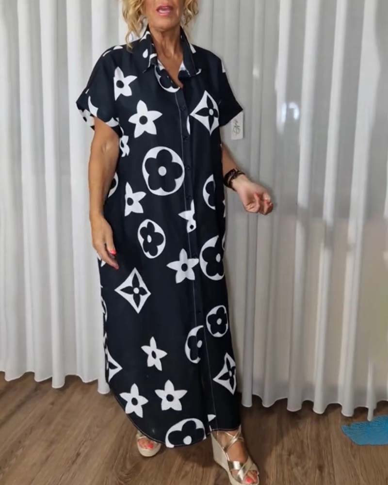 Contrast print lapel button casual dress