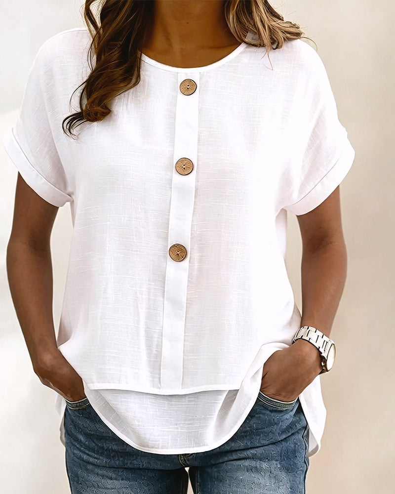 Crewneck Three-Button Solid Loose Fit Blouses