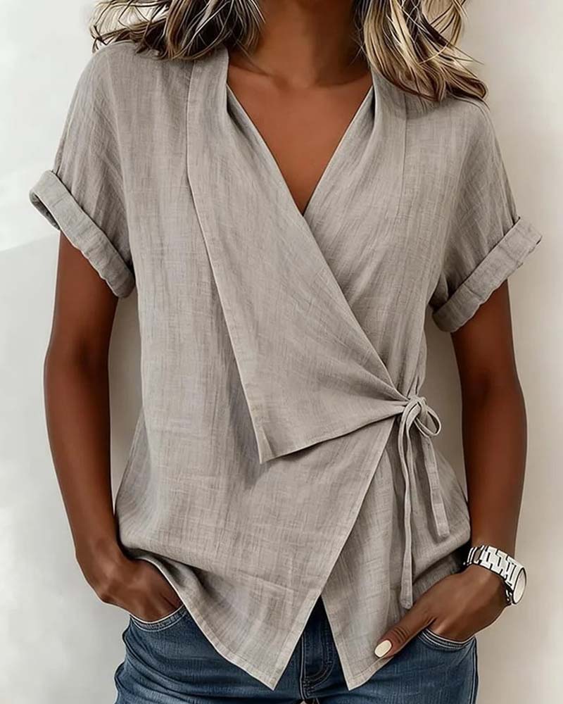 Casual Lace-Up Wrap V-Neck Blouse