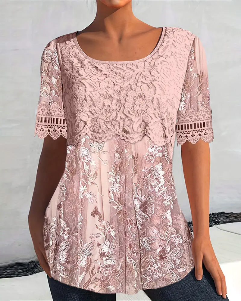 Wide Collar Short Sleeve Lace Patchwork T-Shirt
