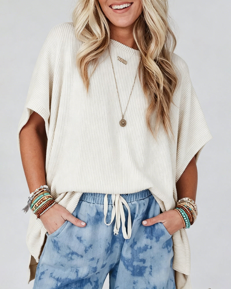 Ribbed Batwing Sleeve Loose T-Shirt