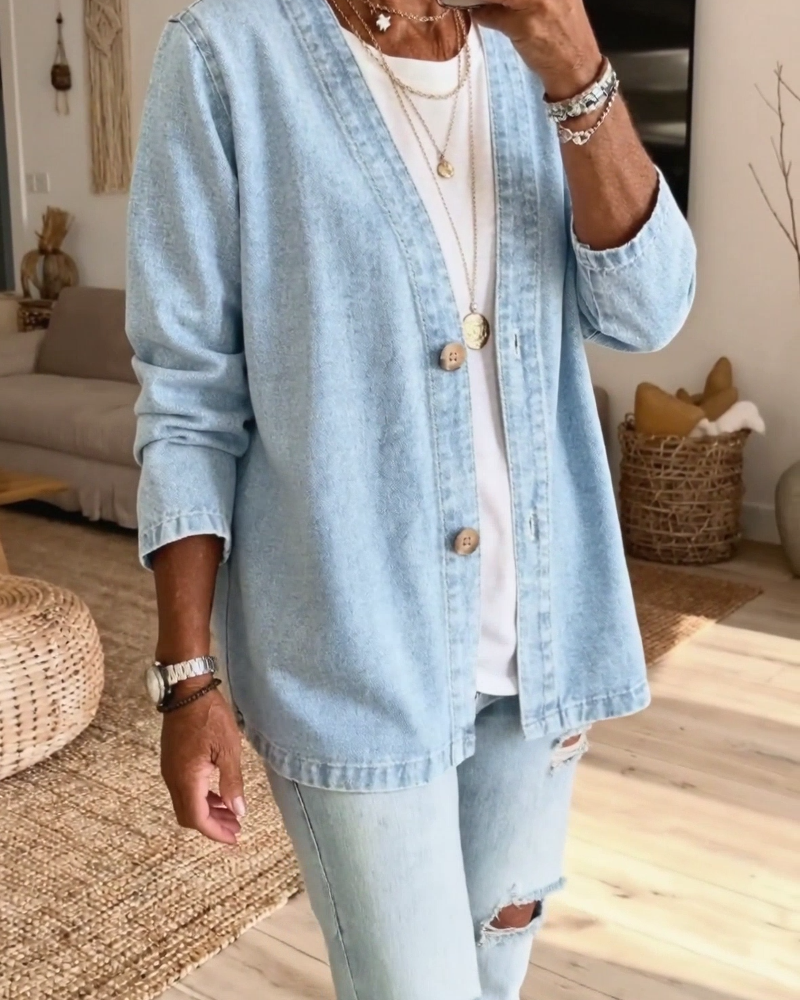 Denim V-Neck Cardigan Coat