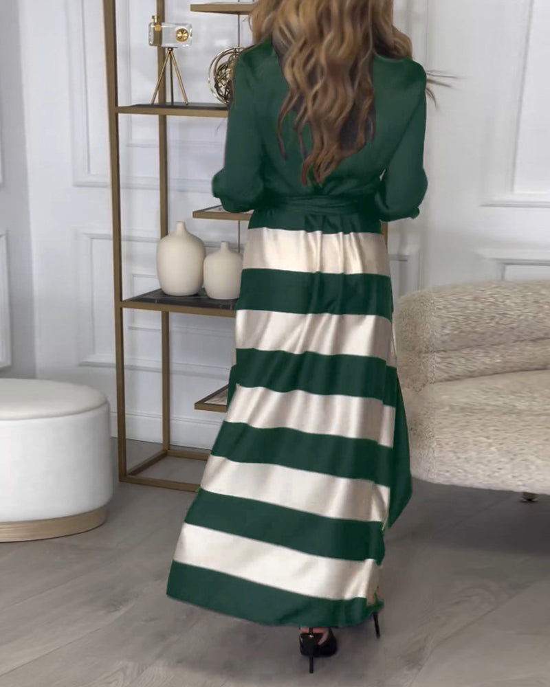 Elegant striped printed lapel strap dress