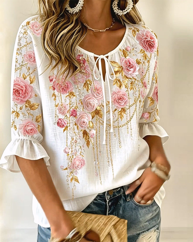 Rose Print Casual Tie-Up Blouse