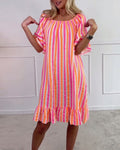 Round Neck Striped Pleated Shift Dress