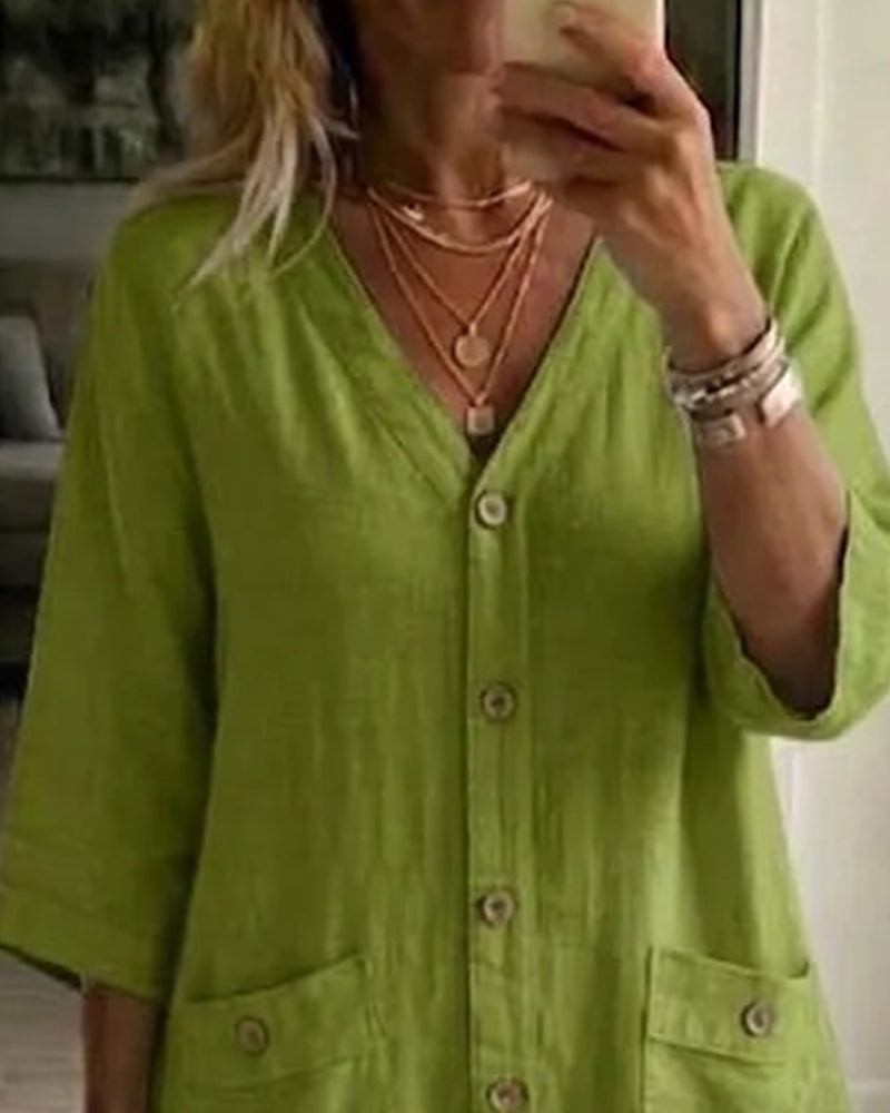 V-Neck Buttoned Pocket Dress