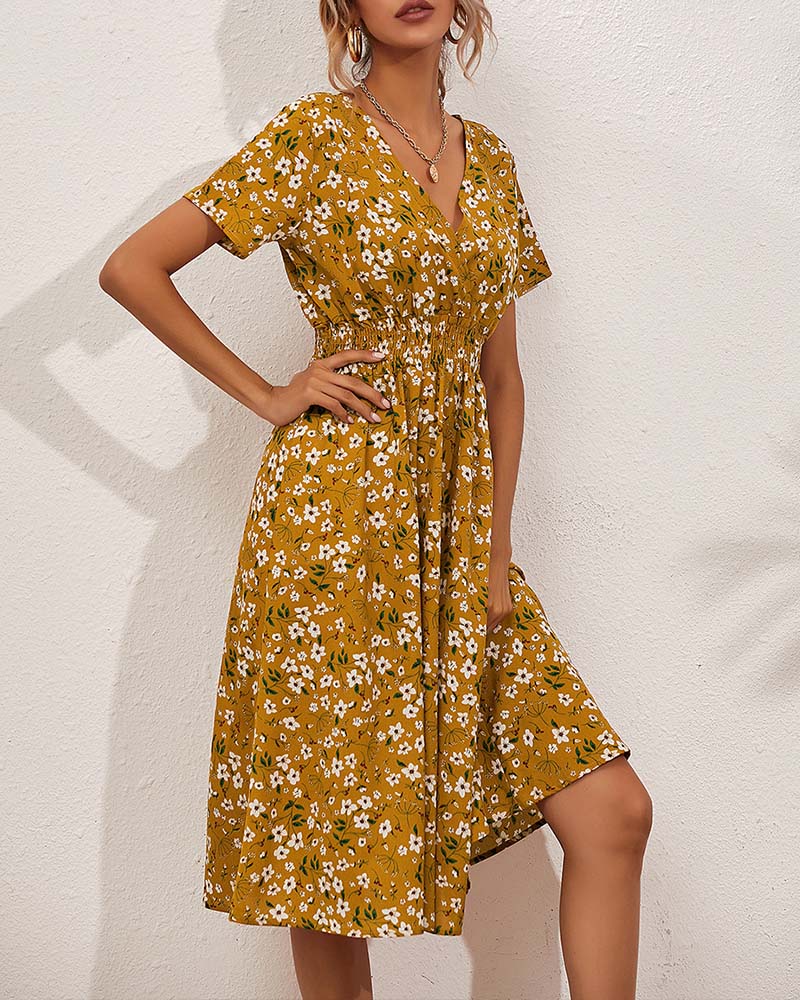 V-Neck Cinched Waist Floral Print Midi Dress