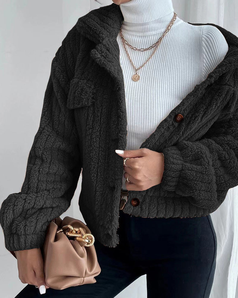 Casual solid color lapel button long sleeve thickened coat
