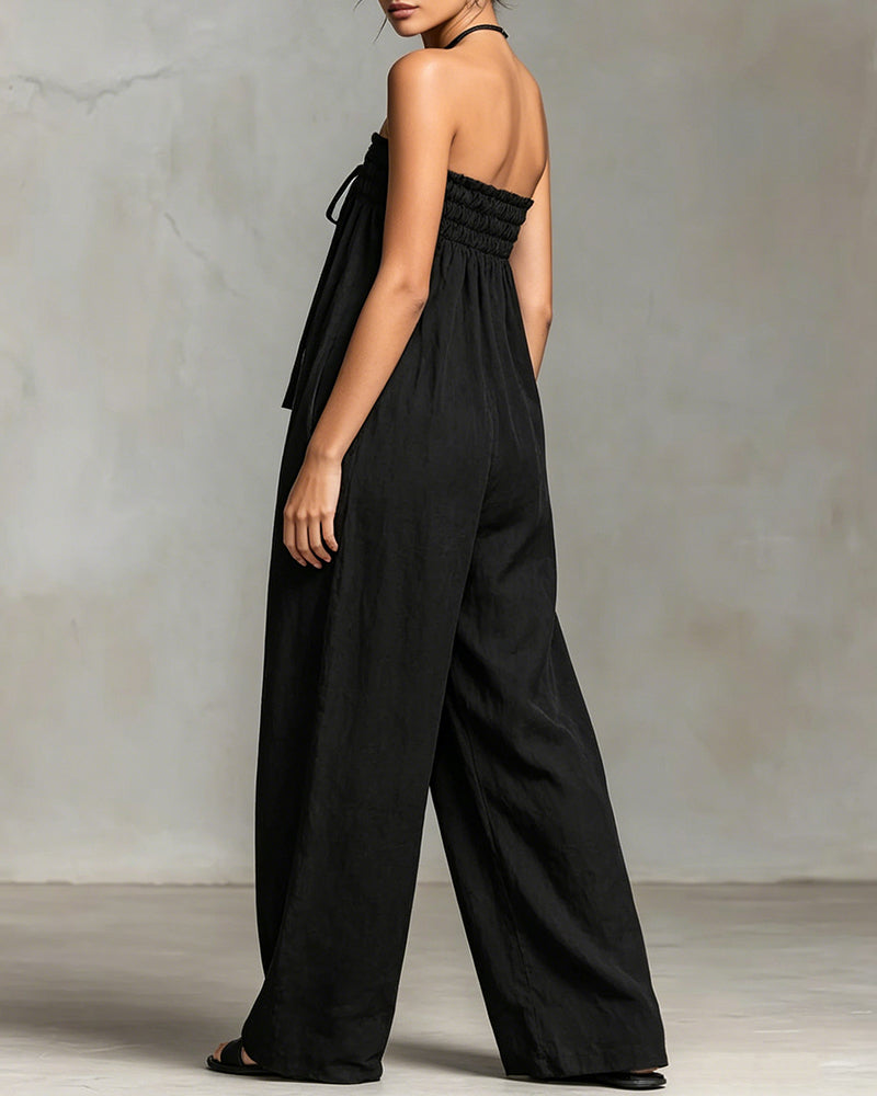 Strapless Solid Color Lace-Up Jumpsuit