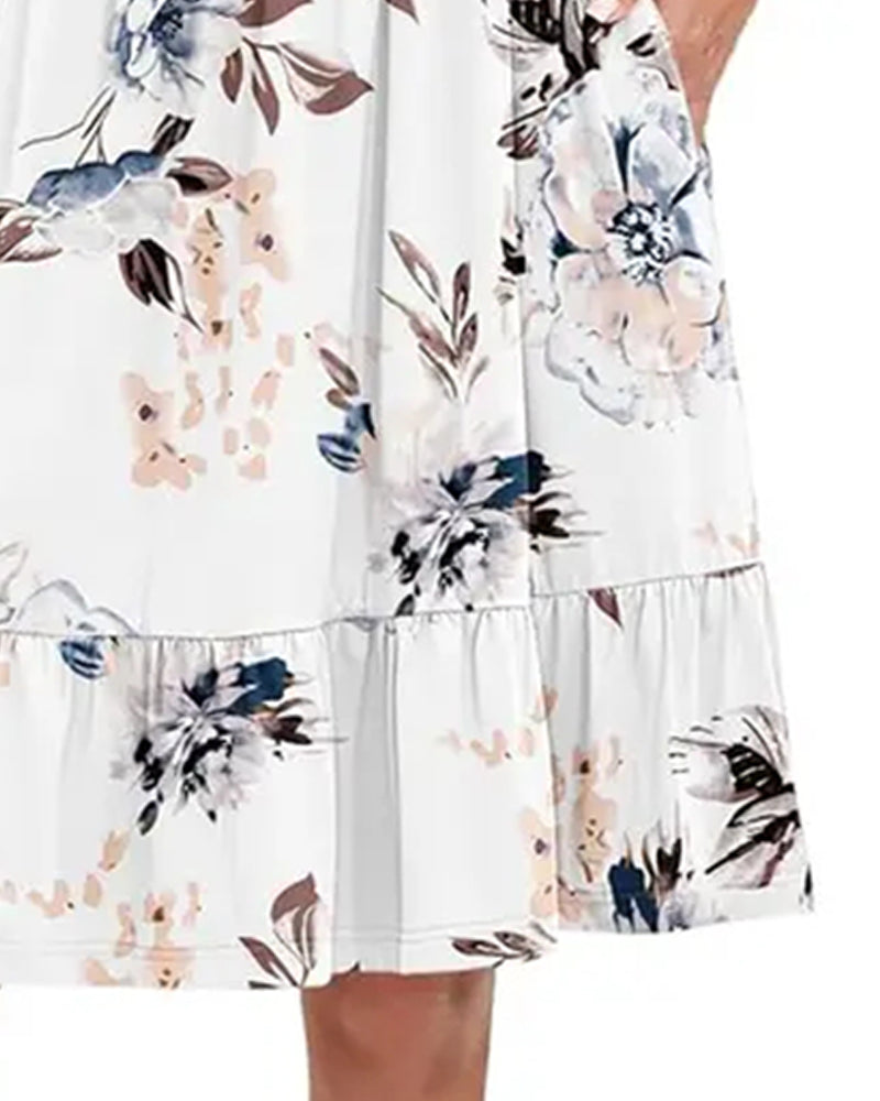 Square Neck Floral Short-Sleeve A-Line Dress