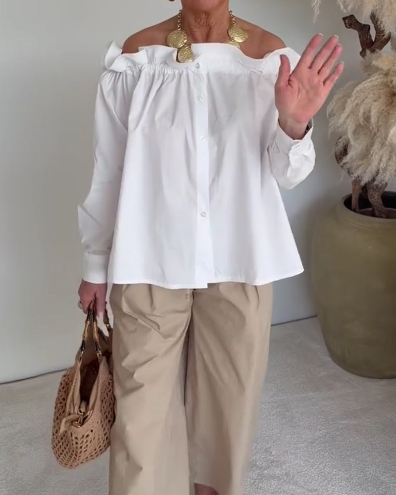 Ruffle Trim Off-Shoulder Button-Front Long Sleeve Blouse