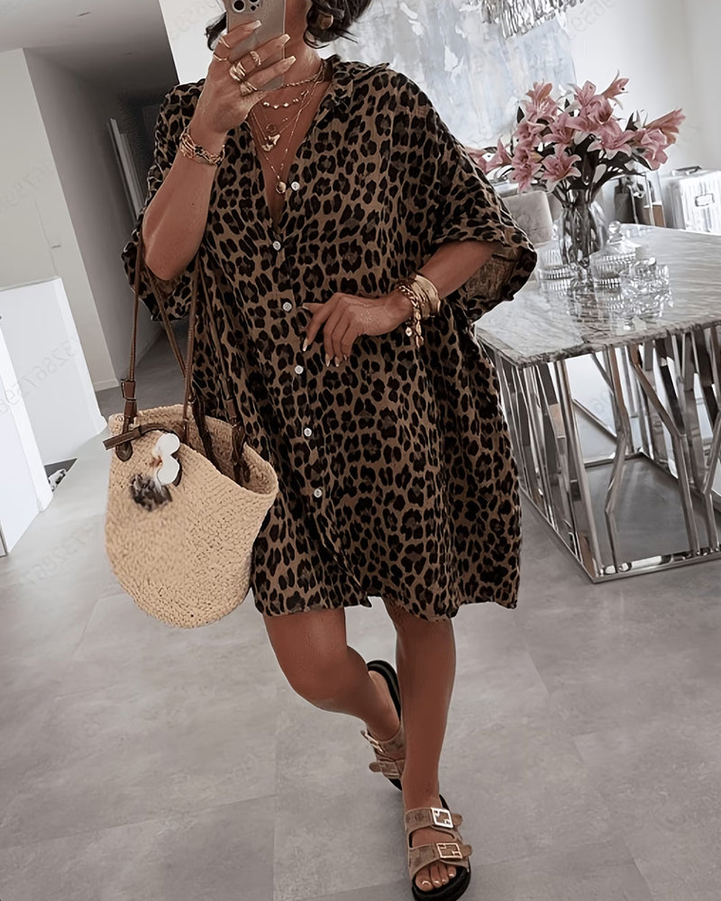 Lapel Leopard Print Loose Shirt Dress