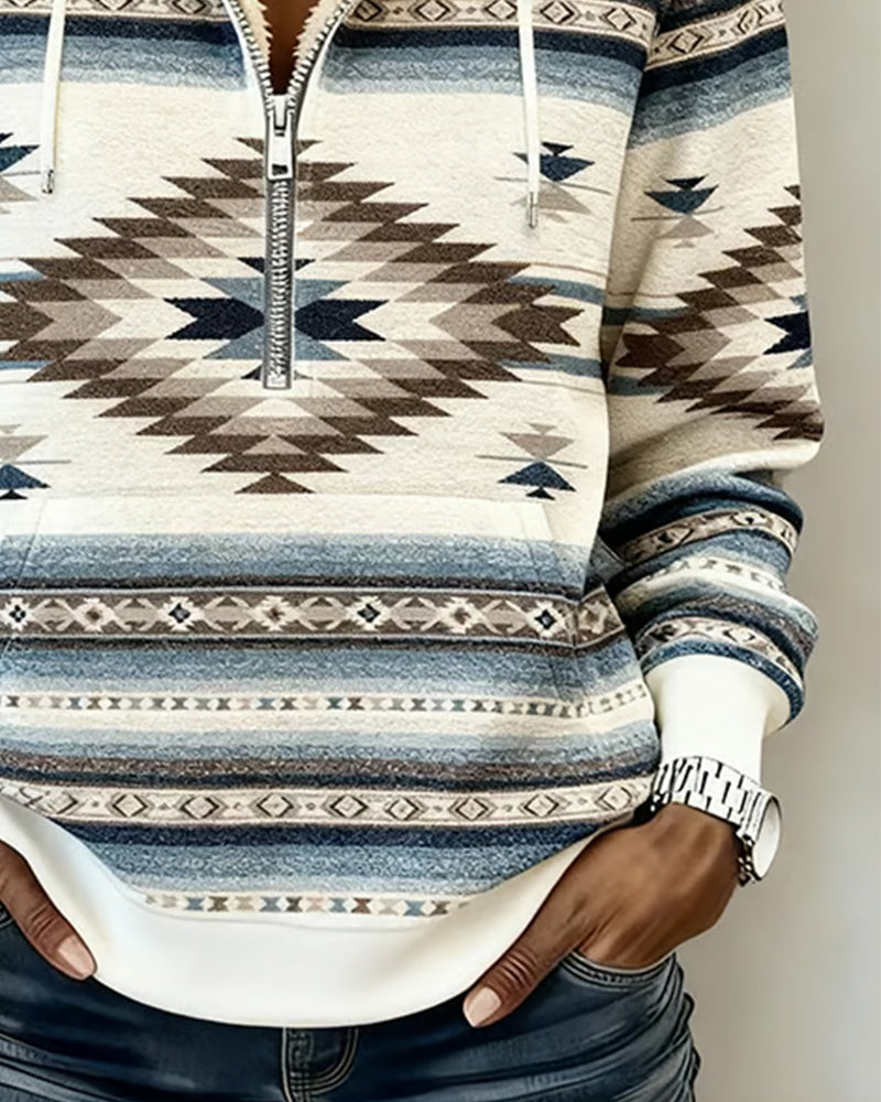 Retro Print Half-Zip Hooded Sweatshirt