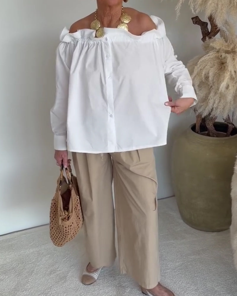 Ruffle Trim Off-Shoulder Button-Front Long Sleeve Blouse