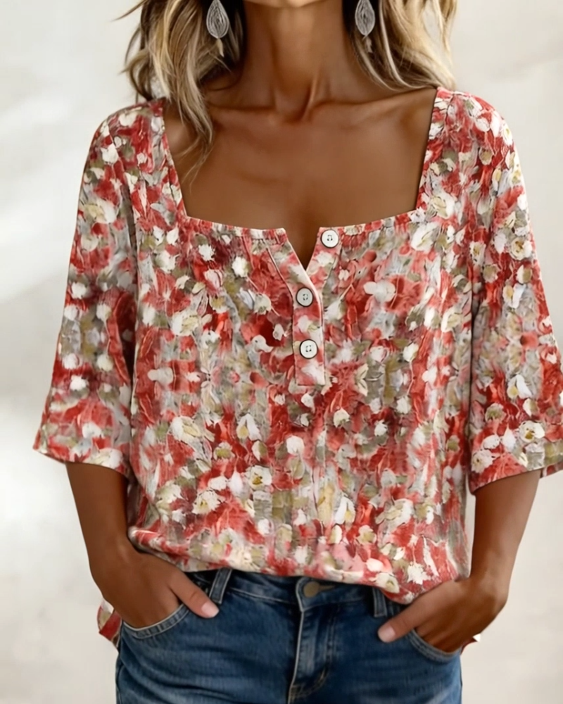 Floral Square Neck Half-Placket Three-Quarter Sleeve Blouse