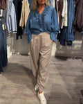 Ruffle Trim Tie-Up Denim Blouse
