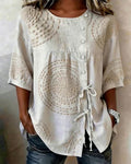 Round-Neck Loose Side-Tie Printed Blouse