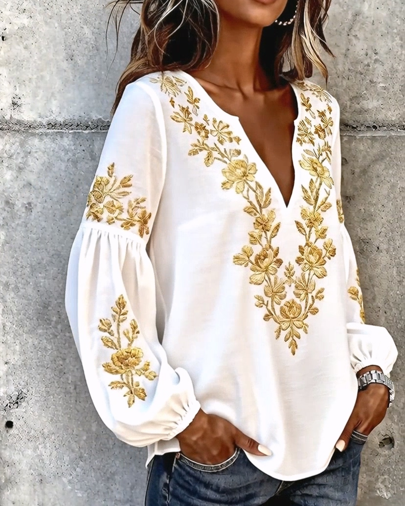V-Neck Lantern Sleeve Loose Blouse