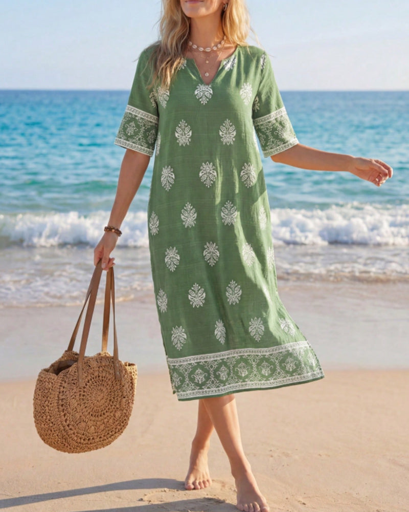 Ethnic Petite V-Neck Slit Dress