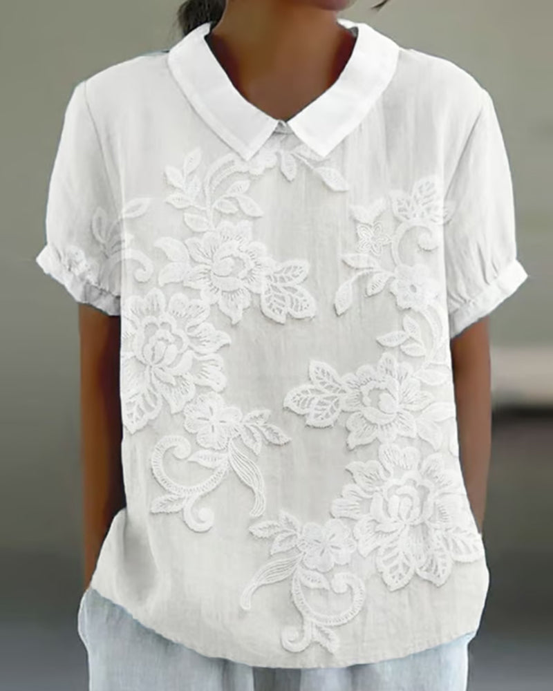 Solid Color Blouse With Lapel Print