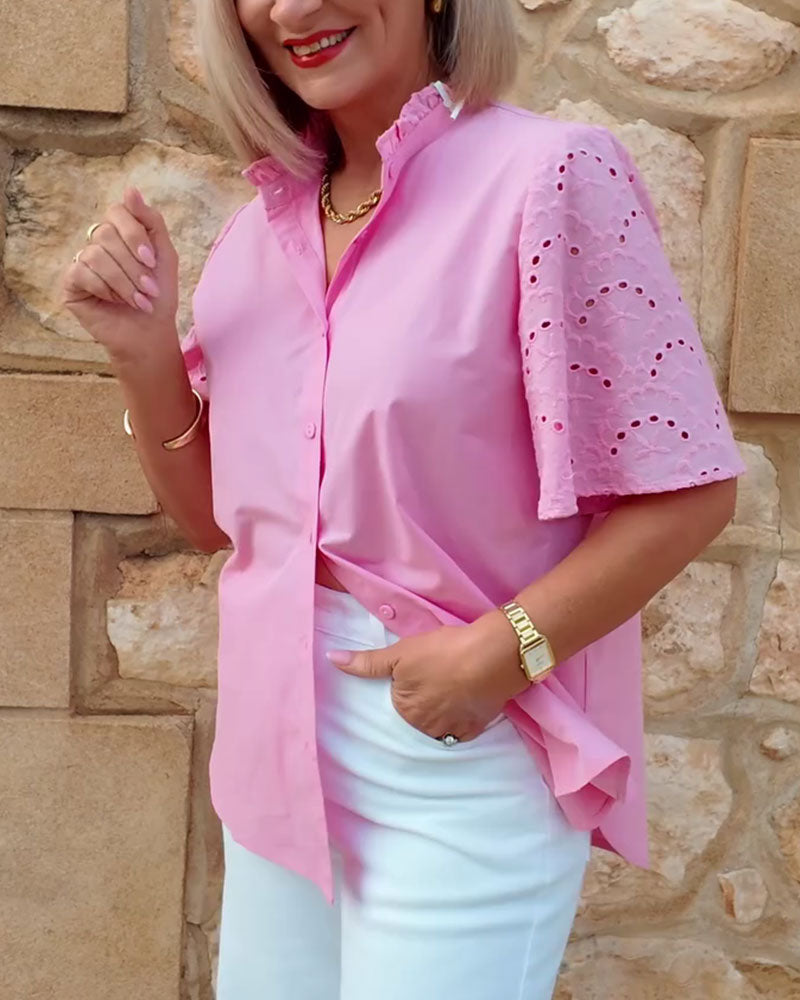 Stand-Up Collar Ruffled Openwork Shirt