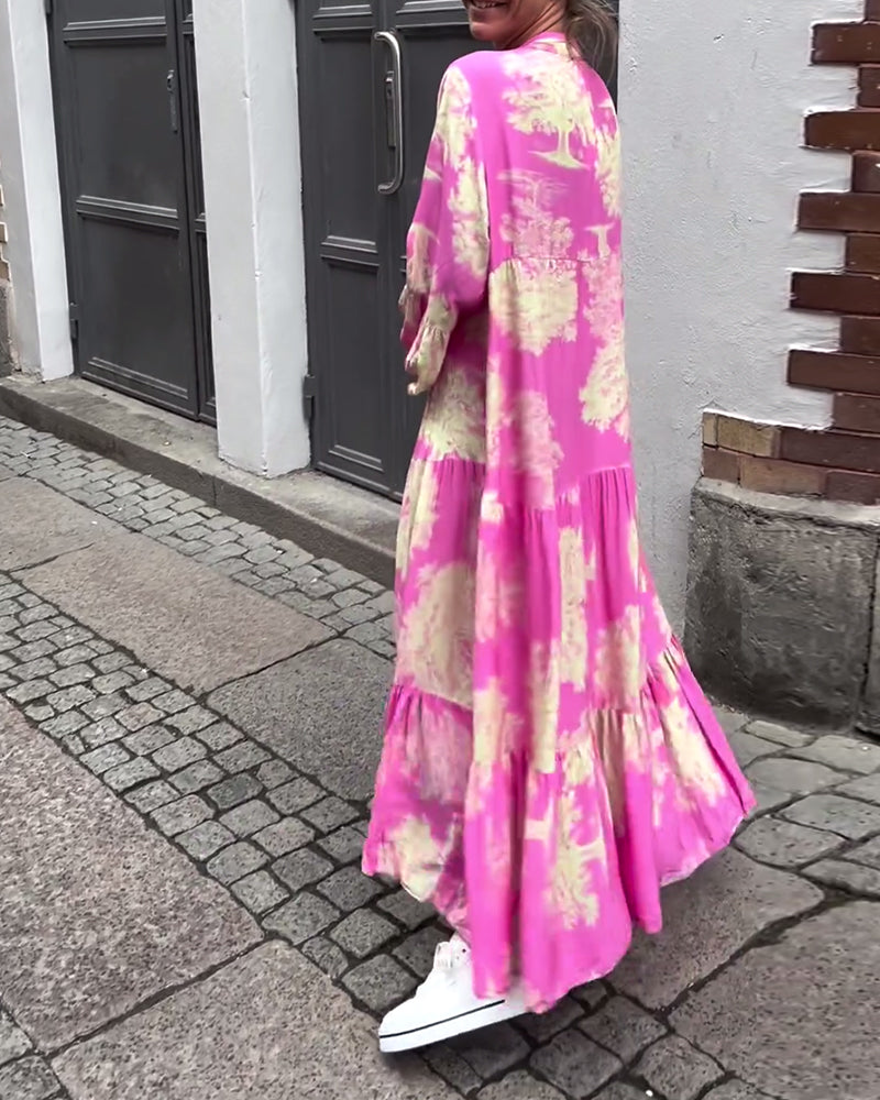 Loose printed V-neck bell sleeve patchwork dress