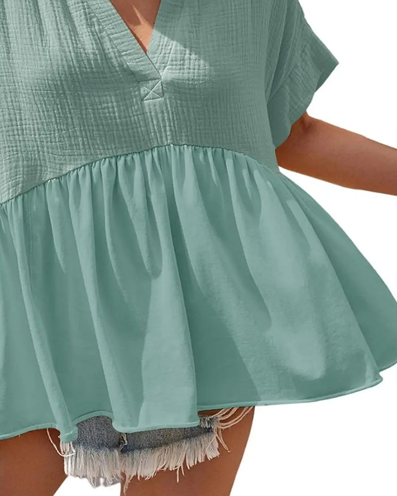 Solid Color V-Neck Textured Blouse