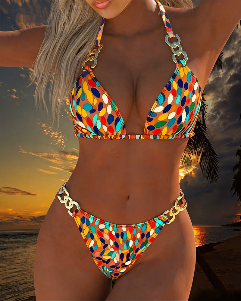 Metal-Buckle Design Polka Dot Bikini