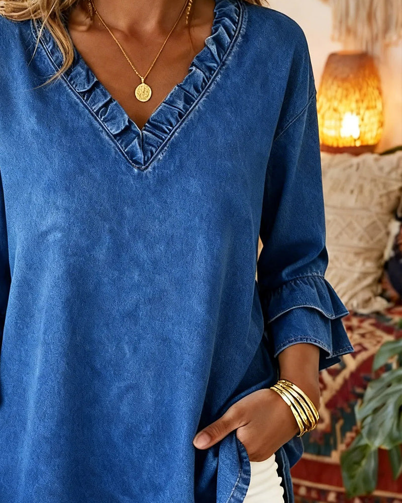 Denim Ruffle V-Neck Bell Sleeve Blouse