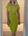 Lapel Solid Color Pleated Waist Dress