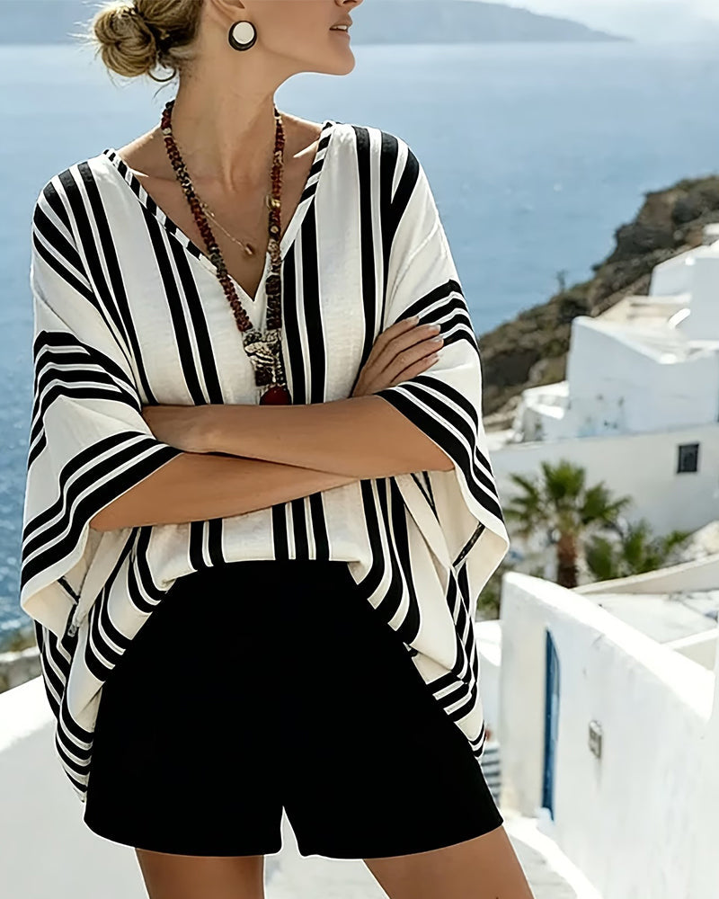 Striped Batwing Sleeve V-Neck Blouse